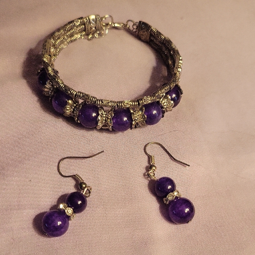 Purple and Silver Beaded Bracelet Set